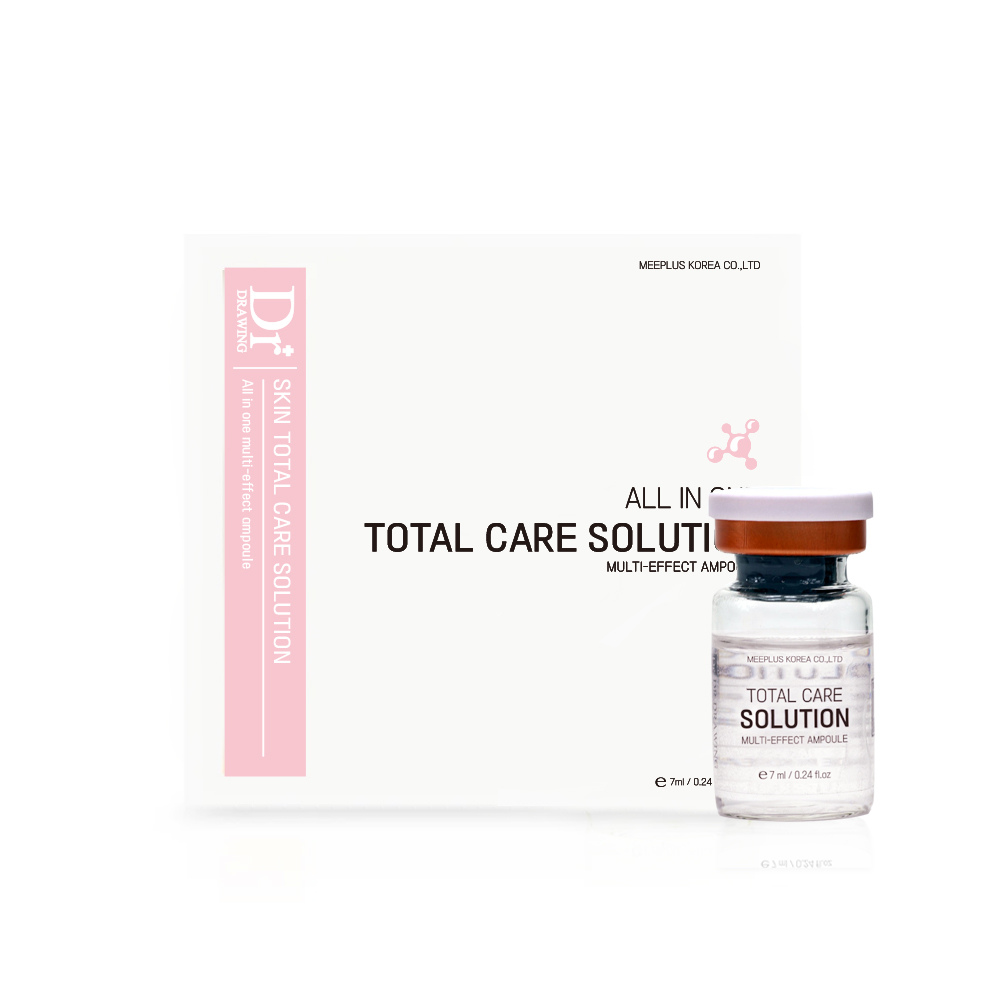 
                  
                    Dr. Drawing Total Care Solution multi-effect ampoule shown next to its white and pink packaging box on a clean white background.
                  
                