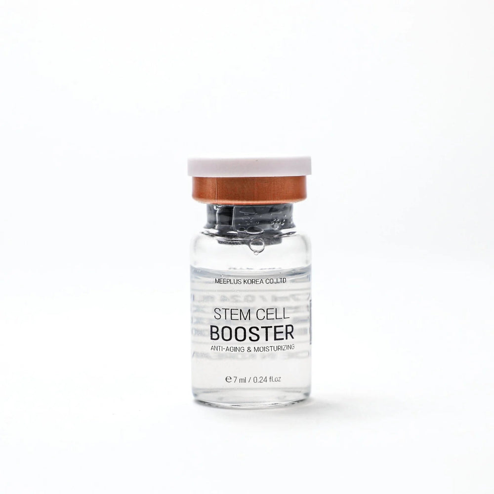 
                  
                    A small clear glass vial bottle of MEFPLUS KOREA CO.,LTD Stem Cell Booster with a light pink cap and a metallic copper collar, on a seamless white background.
                  
                