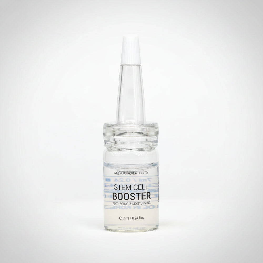 
                  
                    A clear glass dropper bottle of MEFARISK Stem Cell Booster serum with a white cap, set against a plain white background.
                  
                