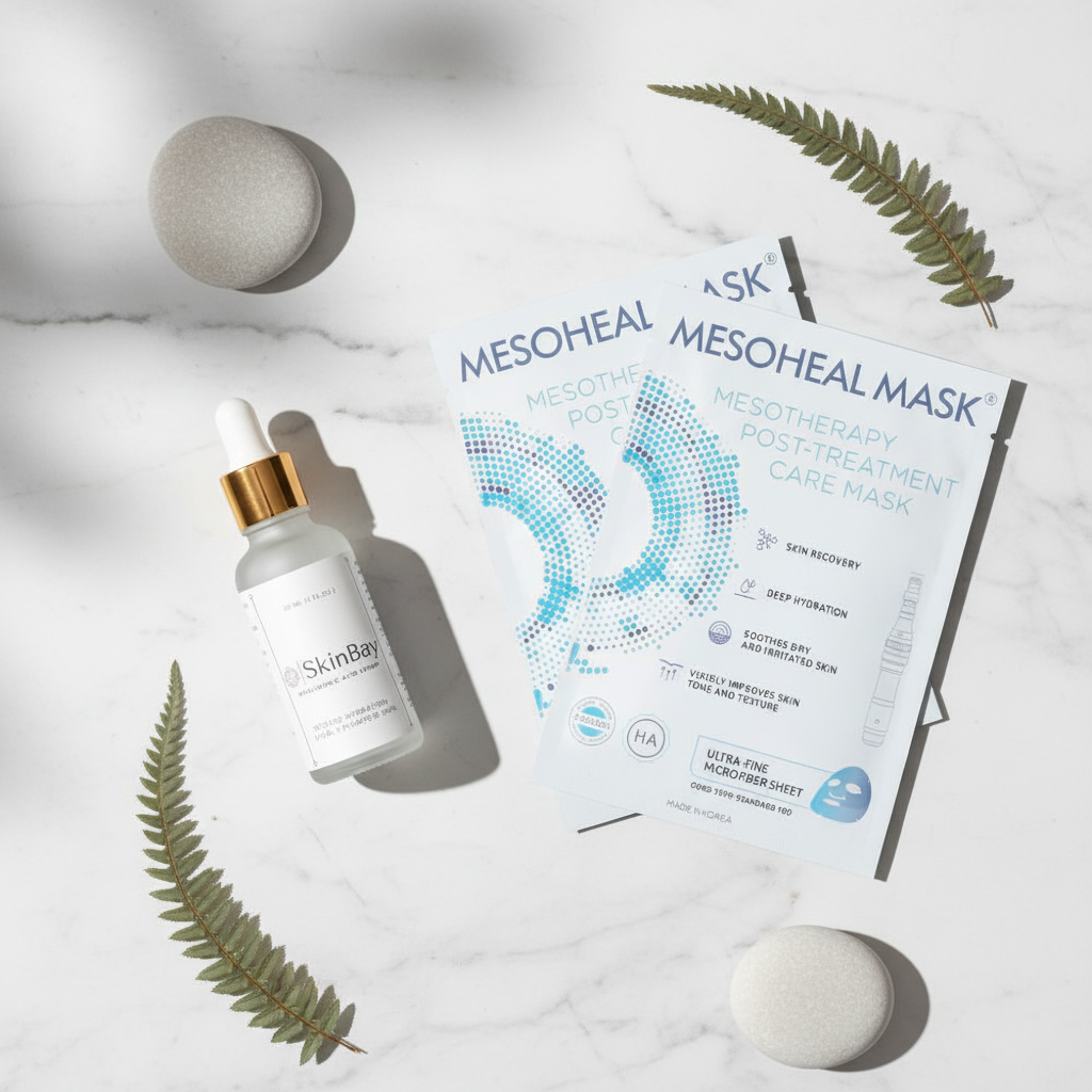 
                  
                    Post-Treatment Care Bundle — SkinBay Hyaluronic Acid Serum and Mesoheal Post-Treatment Masks flat-lay
                  
                