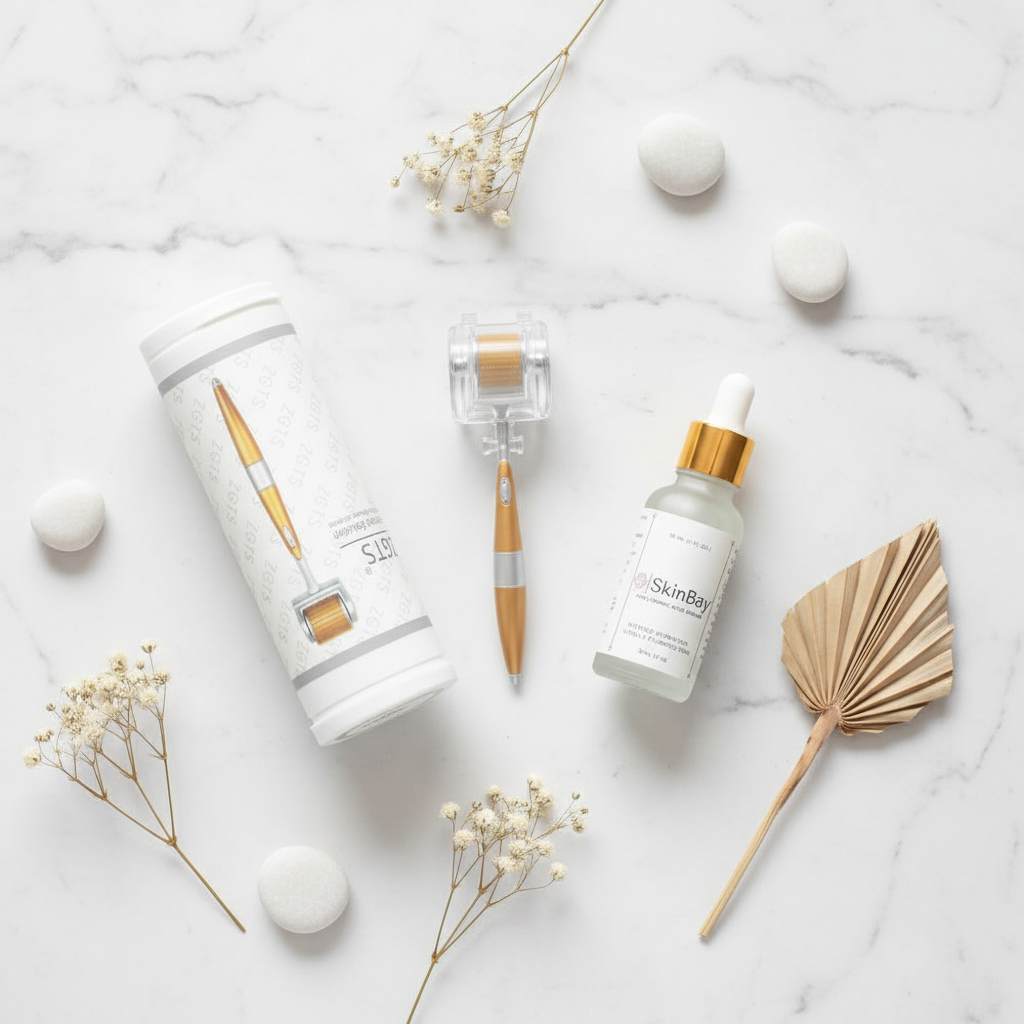 
                  
                    Starter Glow Kit — Titanium Derma Roller and SkinBay Hyaluronic Acid Serum flat-lay
                  
                