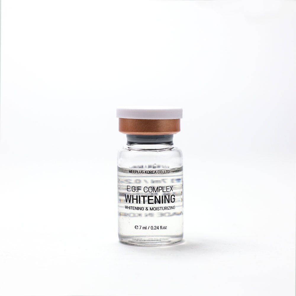 A small glass vial of  EGF Complex Whitening & Moisturizing serum, featuring a clear liquid, a white cap, and a brown collar, set against a plain white background.